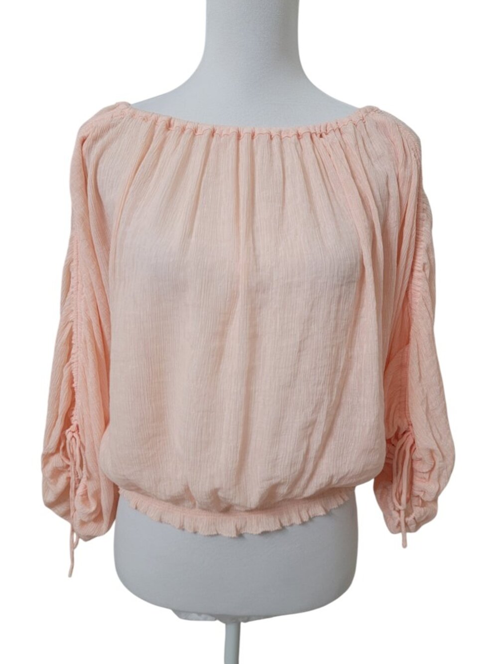 Joie Size S Peach Pink Elezara Off-The-Shoulder Textured Blouse, Ruched Sleeves